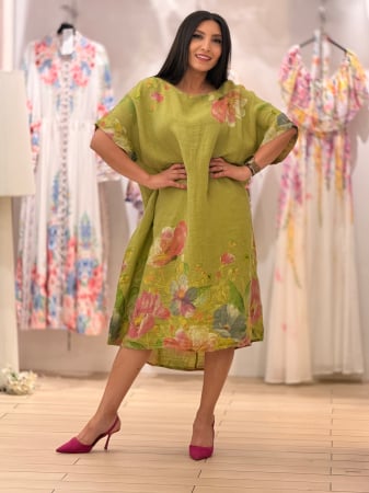 Imbracaminte de dama - Rochie din in cu flori roz