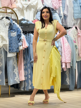 Rochie din ticot fin cu decolteu in V, nasturi aurii decorativi si curea in talie [1]