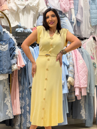 Rochie din ticot fin cu decolteu in V, nasturi aurii decorativi si curea in talie [5]