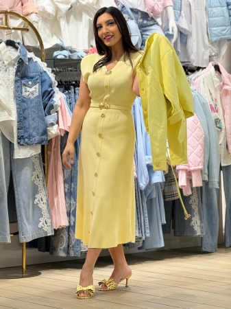 Rochie din ticot fin cu decolteu in V, nasturi aurii decorativi si curea in talie [2]