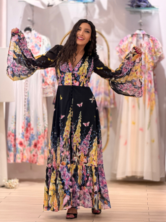 Rochii de eveniment - Rochie florala pe fond negru