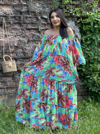 Imbracaminte de dama - Rochie lunga cu elastic in partea de sus si print tropical