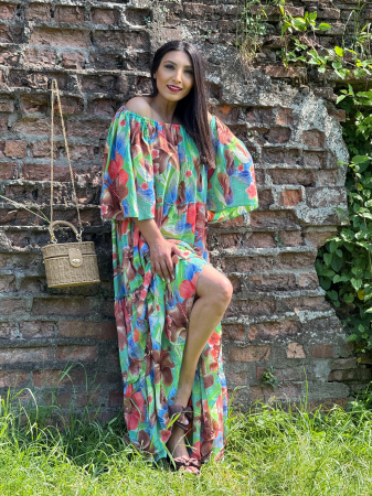 Rochie lunga cu elastic in partea de sus si print tropical [4]