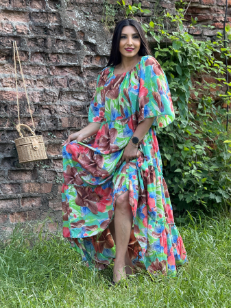 Rochie lunga cu elastic in partea de sus si print tropical [3]