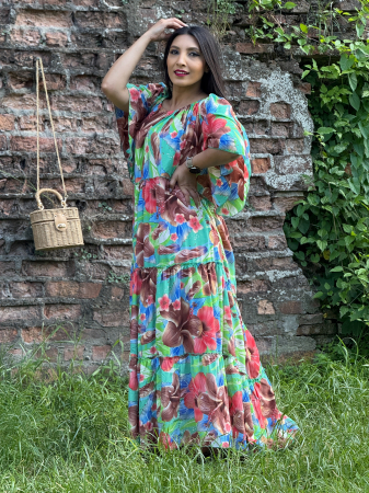 Rochie lunga cu elastic in partea de sus si print tropical [5]