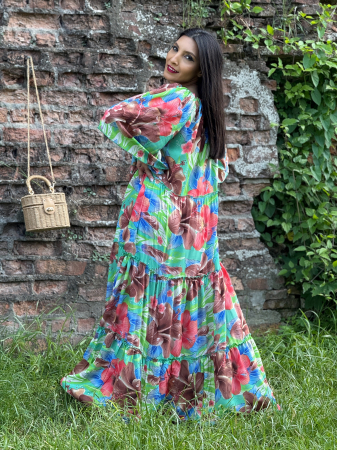 Rochie lunga cu elastic in partea de sus si print tropical [6]