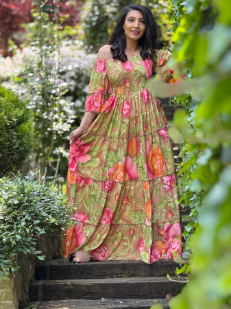BLACK FRIDAY  DE VARA - Rochie lunga cu umeri goi si imprimeu floral