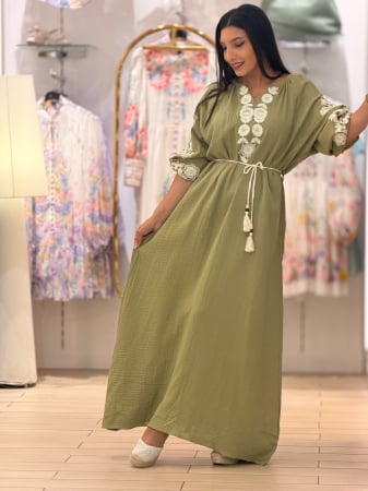 Colectia NOUA - Rochie lunga kaki cu broderie florala alba
