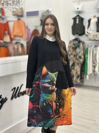 OFERTELE PRIMAVERII - Rochie lunga neagra cu imprimeu pisica