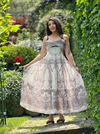 Rochii de eveniment - Rochie midi cu imprimeu dantelat si detalii florale