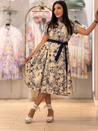 Rochie midi cu imprimeu floral bleumarin si guler tip camasa [1]