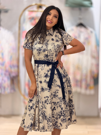 Rochie midi cu imprimeu floral bleumarin si guler tip camasa [3]