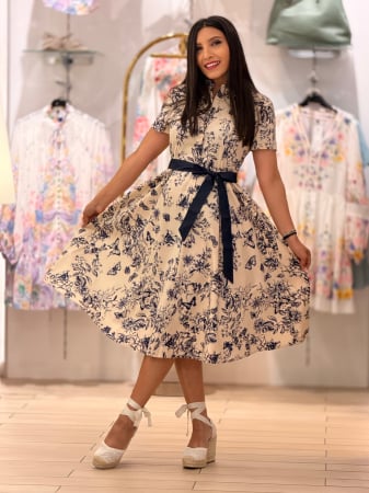 Rochii de zi - Rochie midi cu imprimeu floral bleumarin si guler tip camasa