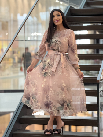 Rochii de eveniment - Rochie midi cu imprimeu floral pastelat