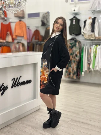 Rochie neagra cu fermoar si imprimeu floare [1]