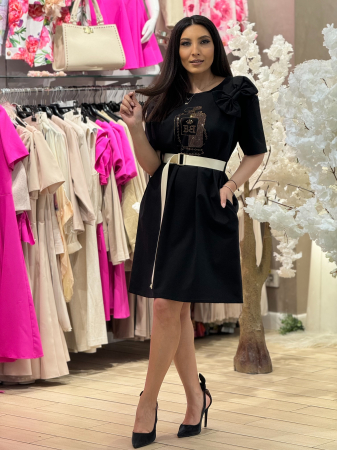 Imbracaminte de dama - Rochie neagra cu imprimeu si funda pe umar