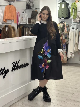 Rochii de zi - Rochie neagra lunga cu imprimeu floare mov si verde