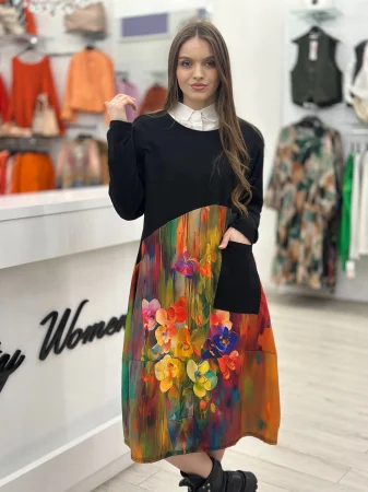 Rochii de zi - Rochie neagra lunga cu imprimeu floricele colorate