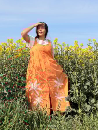 Imbracaminte de dama - Rochie portocalie din bumbac cu flori brodate