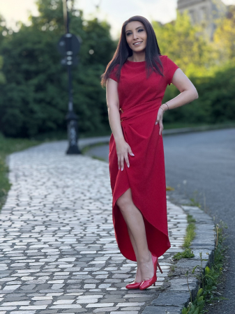 Rochie rosie cu detaliu auriu in talie [4]