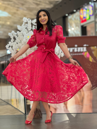 Rochii de zi - Rochie rosie cu guleras