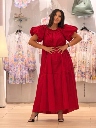Colectia NOUA - Rochie rosie cu maneci bufante
