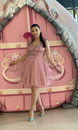 Rochie roz din tulle si funda in talie [2]