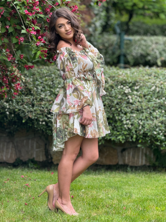 Rochii de zi - Rochie scurta cu elastic si imprimeu flori verzi
