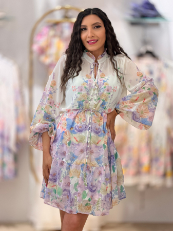 Rochie scurta cu nasturi si imprimeu flori mov [5]