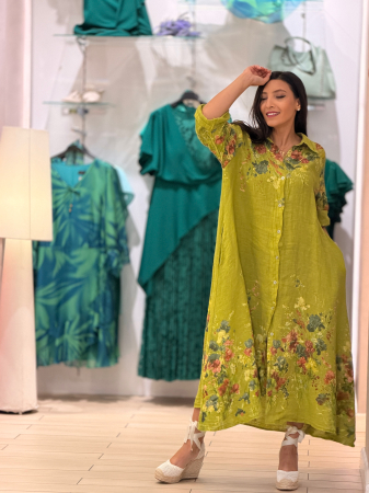 Rochii de zi - Rochie verde din in cu imprimeu flori