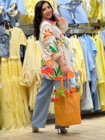 Sacou cu print exotic cu revere si indidere cu nasture [2]