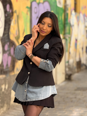 Sacou negru cu insertii tip camasa din denim [2]