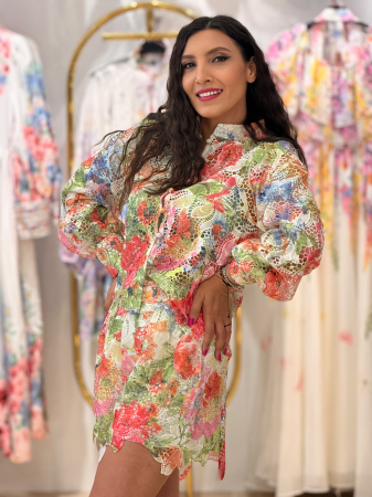 Set din dantelă florală multicoloră, bluză și fustă cu aer romantic [4]