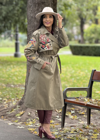 Trench cu imprimeu broderie pe parte si cordon in talie [4]