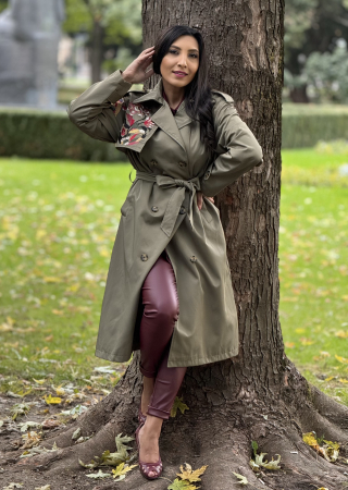 Trench cu imprimeu broderie pe parte si cordon in talie [2]