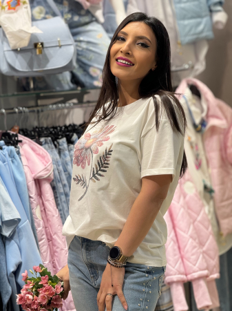 Tricou casual cu imprimeu floral central [2]