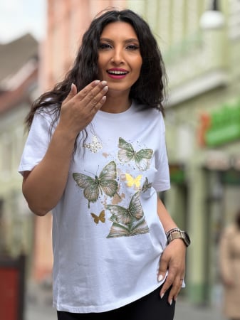 Imbracaminte de dama - Tricou cu imprimeu fluturi cu pietricele aplicate