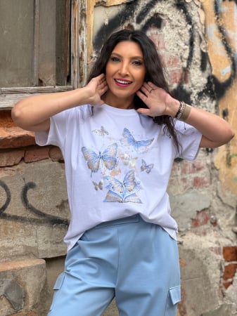 Imbracaminte de dama - Tricou cu imprimeu fluturi cu pietricele aplicate