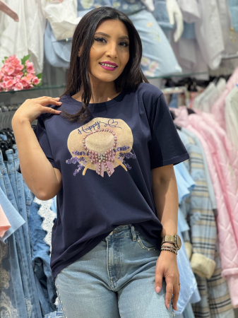 Tricouri si topuri - Tricou cu imprimeu palarie decorativa cu aplicatii 3D din margele si cristale