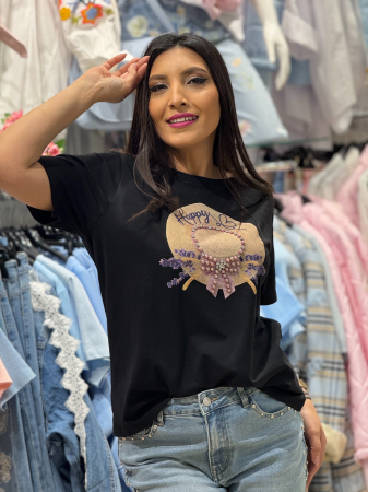 Tricouri si topuri - Tricou cu imprimeu palarie decorativa cu aplicatii 3D din margele si cristale