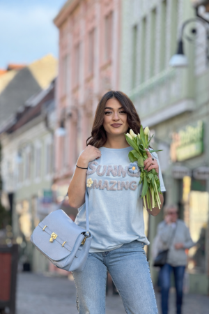 Tricouri si topuri - Tricou cu mesaj Summer Amazing și aplicații florale textile
