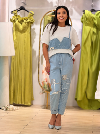Tricou din bumbac cu detaliu din jeans [1]