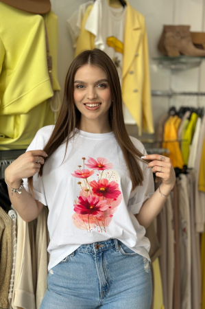 Promotii - Tricou din bumbac cu imprimeu floral roz