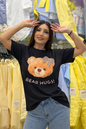 Noutati - Tricou lejer cu imprimeu ursuleț, fundiță strălucitoare și detalii decorative