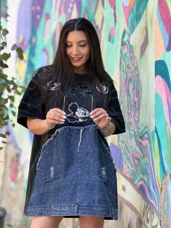 Tricou oversize cu imprimeu Mickey Mouse si aplicatii denim [1]