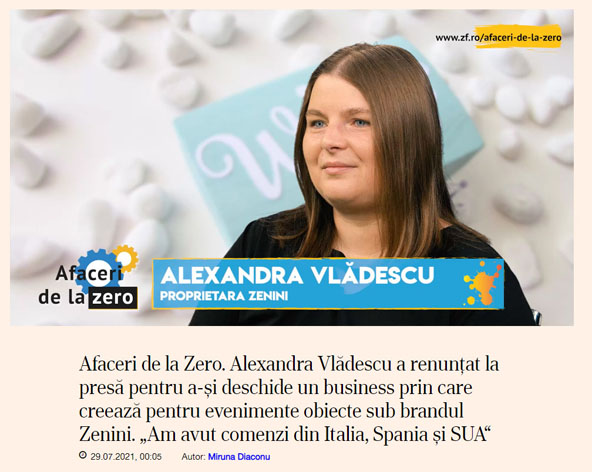 Afaceri de la Zero. Alexandra Vladescu a renuntat la presa pentru a-si deschide un business prin care creeaza obiecte sub brandul Zenini. „Am avut comenzi din Italia, Spania si SUA“