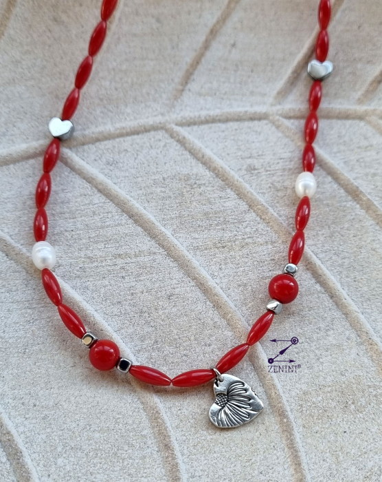 Colier coral, perle, hematit cu medalion inimioara argint - unicat [2]