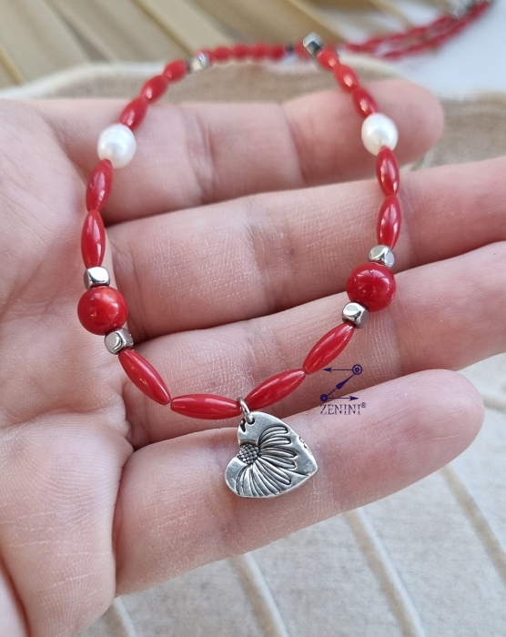 Colier coral, perle, hematit cu medalion inimioara argint - unicat [3]