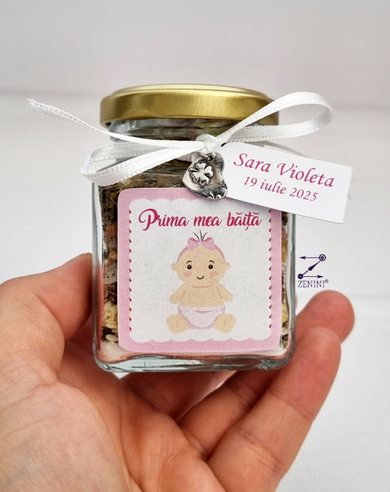 Borcan cu mirodenii pentru prima baita a bebelusului dupa botez - personalizat [4]