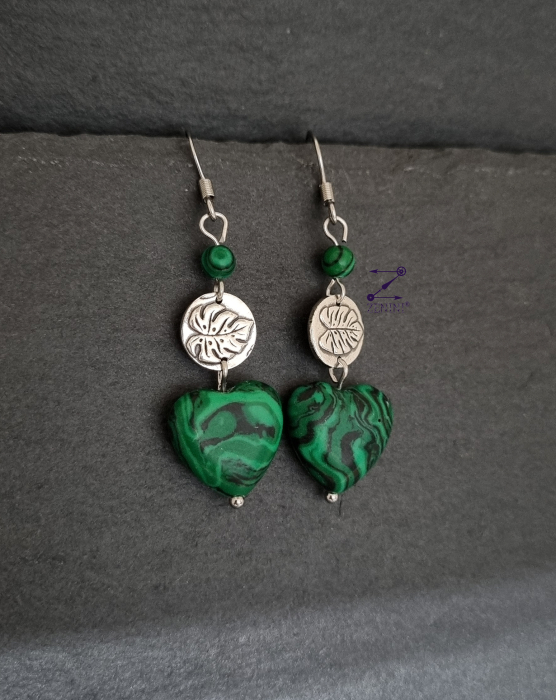 Cercei argint cu Monstera si inimi de malachit [2]